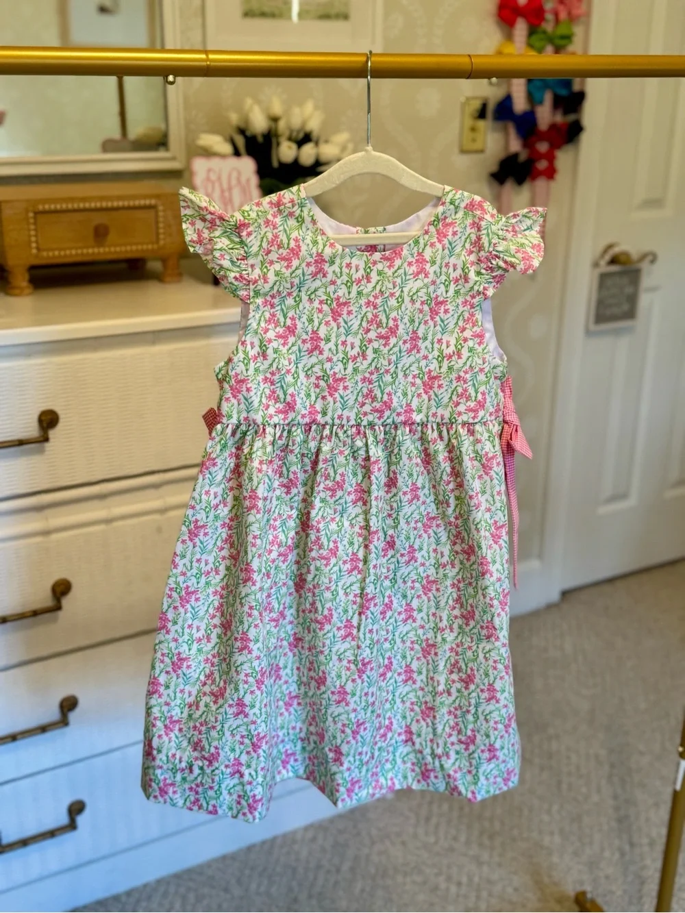 Classic Whimsey Girls Pink Floral Dress with Ruffle Sleeves